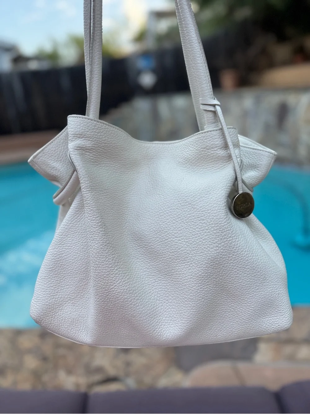 Furla Costanza Pebbled Leather Drawstring Tote White Ivory Shoulder Bag VGUC